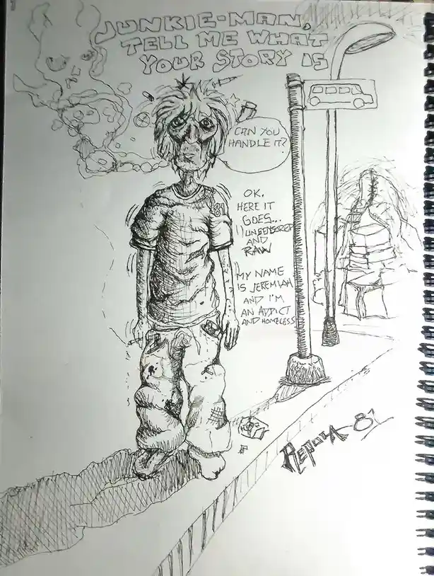 A black-and-white sketch depicts a gaunt, disheveled man standing on a sidewalk next to a streetlamp, with a thought bubble…