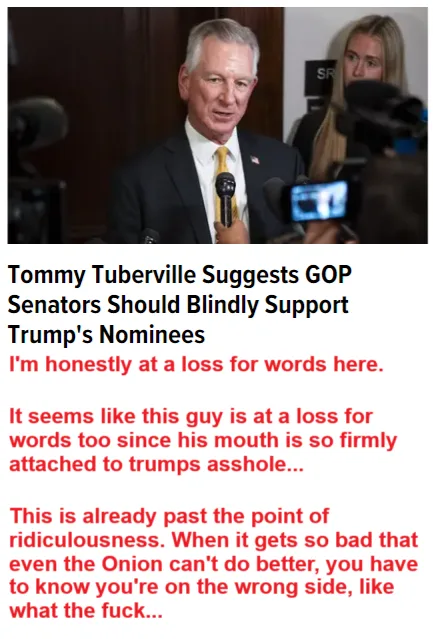 A photo of Senator Tommy Tuberville speaking at a press event, with a female reporter visible behind him. Overlaid text…