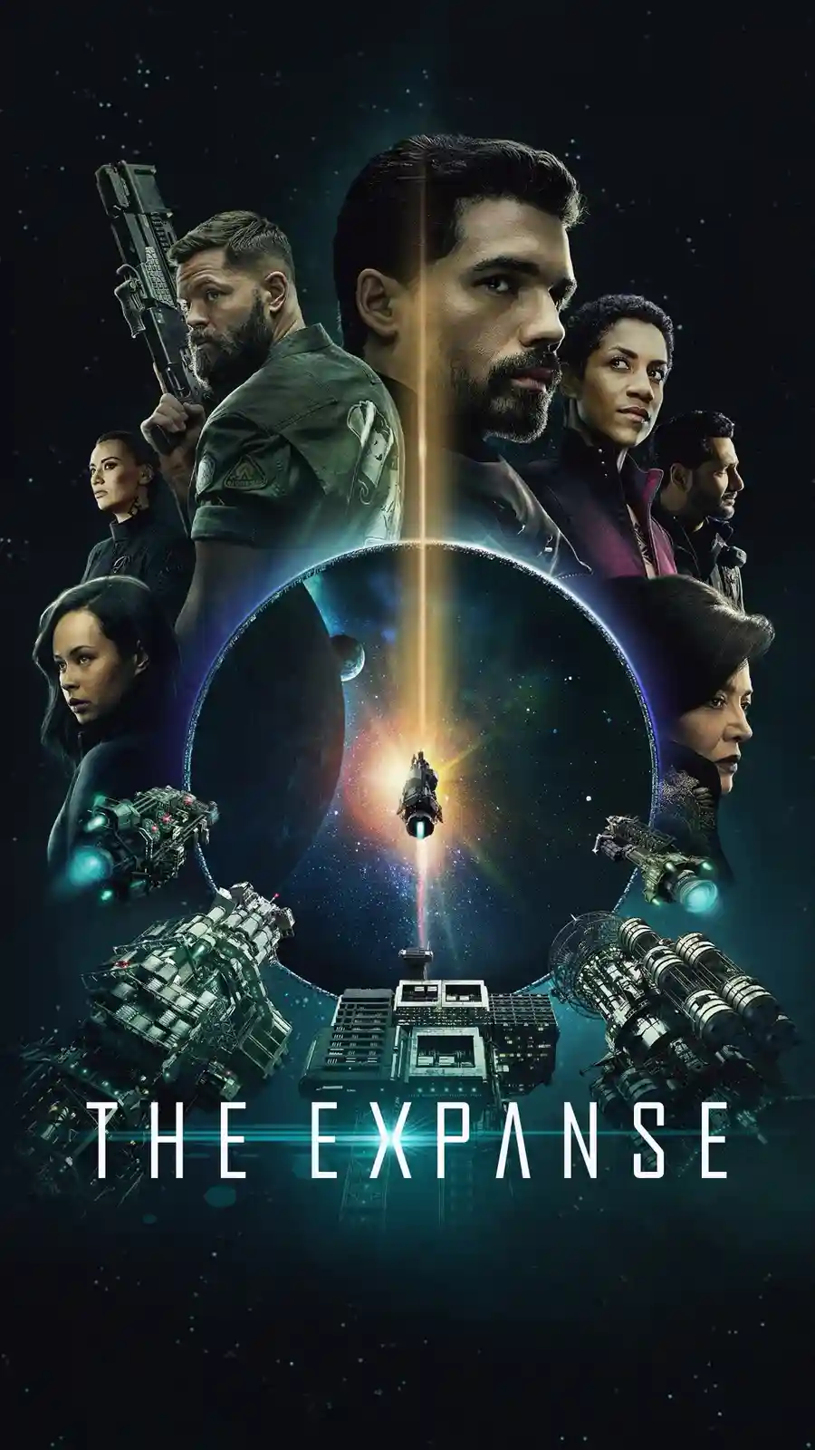 A promotional poster for the sci-fi TV show 'The Expanse' features seven main characters in space gear against a starry…