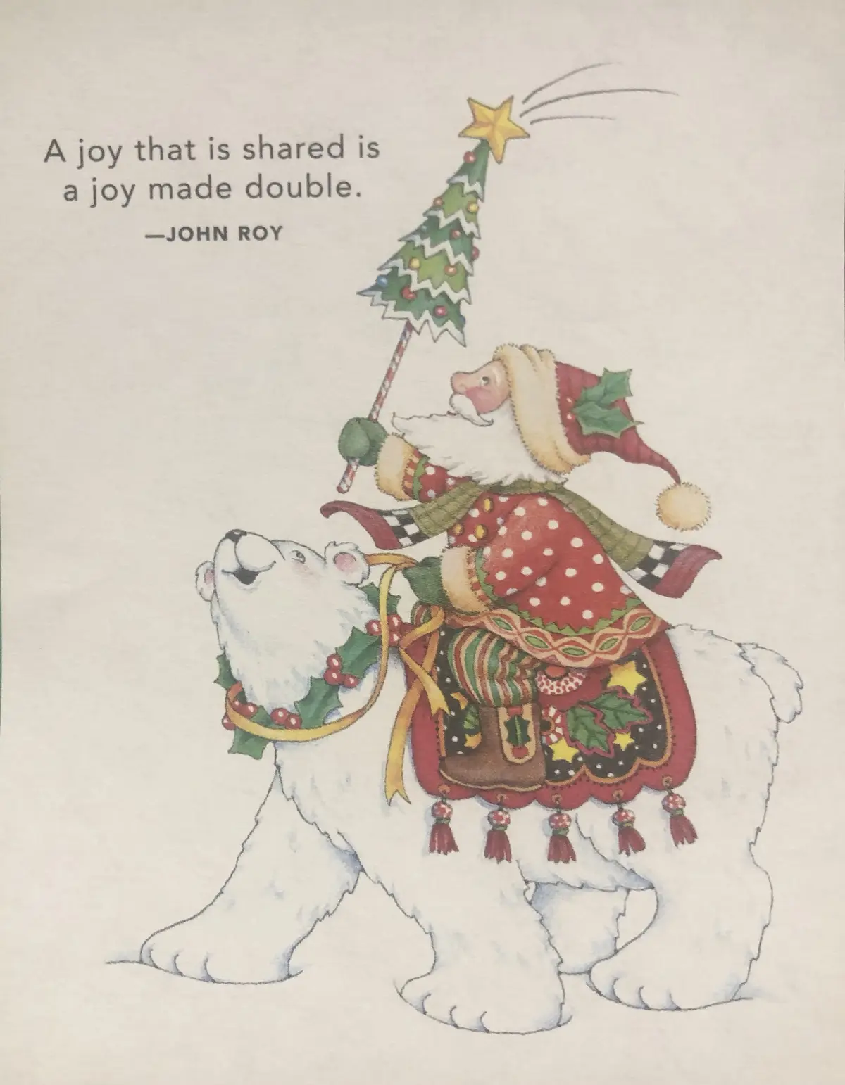A festive illustration shows a cartoon Santa Claus riding a white polar bear through snow. Santa wears a red polka-dot coat…