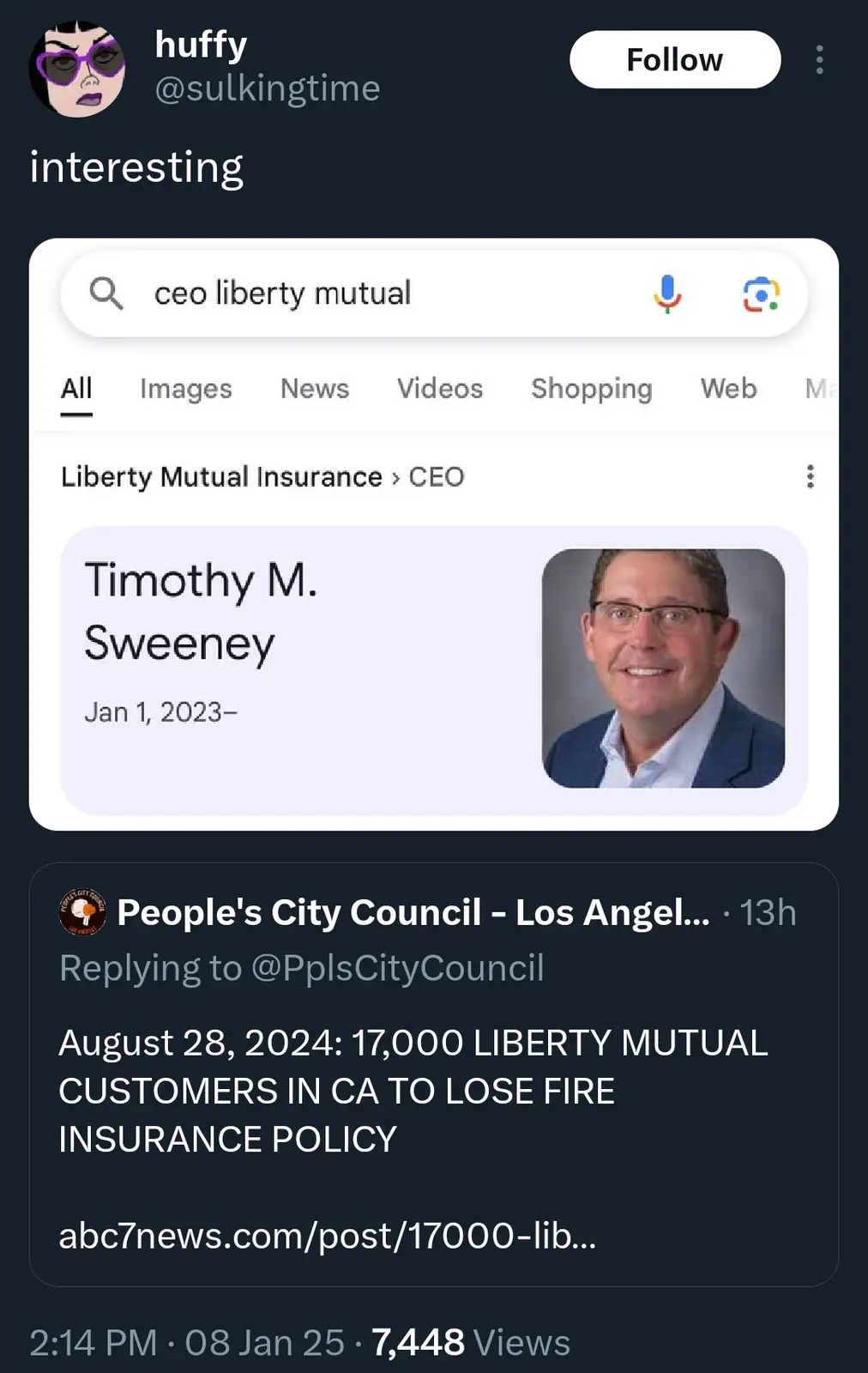 A screenshot of a Twitter post showing a Google search result for 'ceo liberty mutual' that displays Timothy M. Sweeney as…