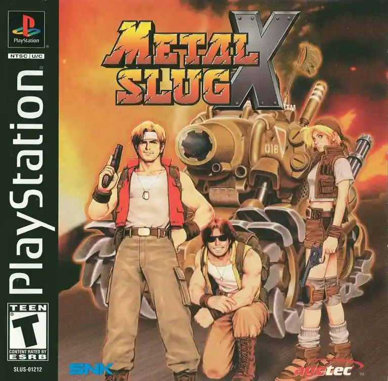 The image is the cover art for the PlayStation game 'Metal Slug X', featuring three anime-style characters posing with a…