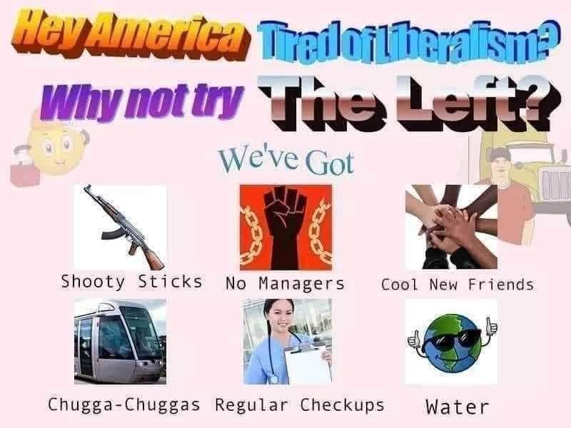 A pink-background meme titled 'Hey America Tired of Liberalism? Why not try The Left?' lists six items: an AK-47 labeled…