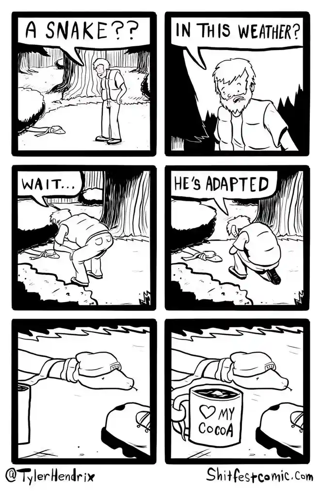 A six-panel comic strip shows a man encountering a snake in the woods, initially shocked, then realizing the snake is…