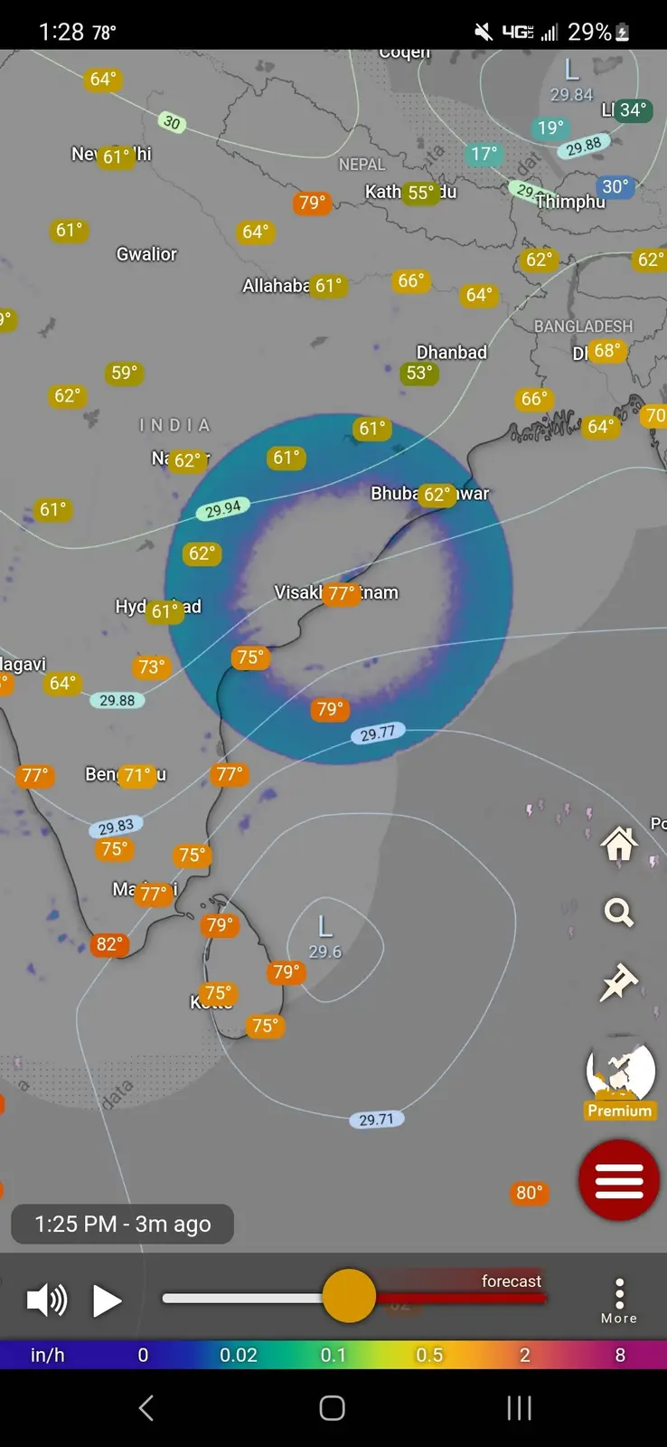 A weather map screenshot showing a large blue circular area centered over Visakhapatnam, India, with the city labeled…