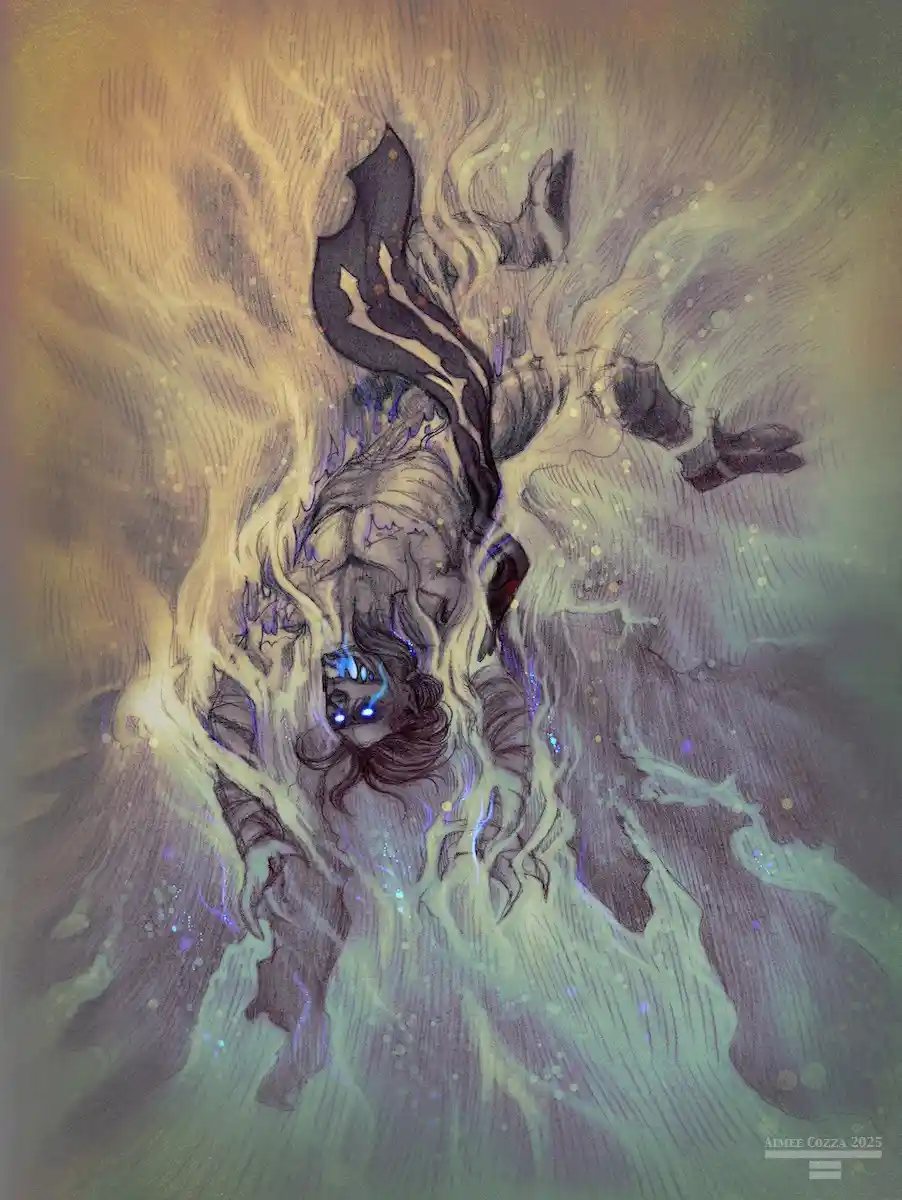 A surreal, painterly illustration depicts a figure falling or floating upside down through a swirling vortex of golden and…