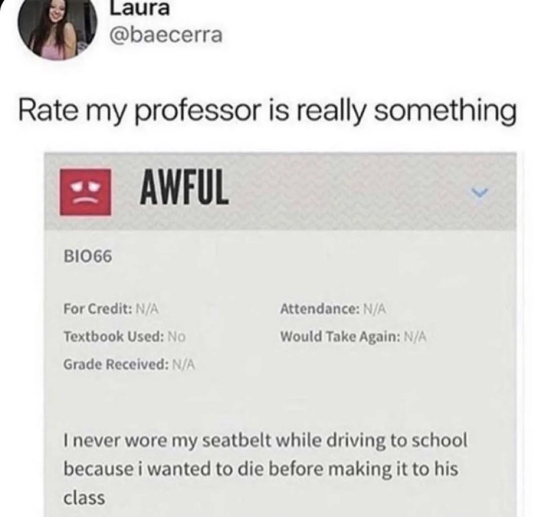A screenshot of a 'Rate My Professor' review for course BIO66, rated 'AWFUL' with a sad face icon. The review includes…