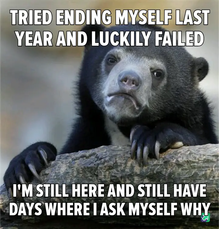 A black-and-white bear with a sad, contemplative expression rests its paws on a log. The text overlaid in bold white letters…