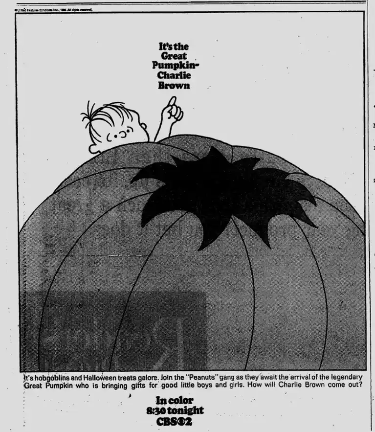 A black-and-white promotional image for the 1966 Peanuts TV special shows Charlie Brown peeking over a giant pumpkin…