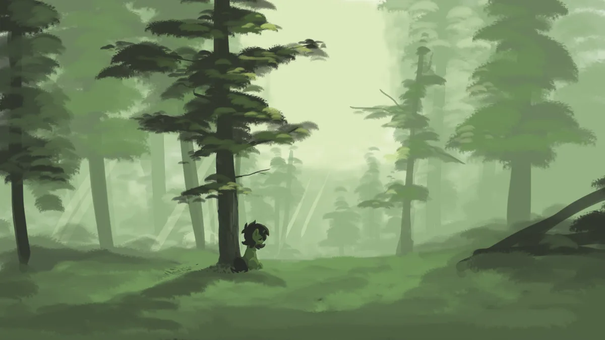 A small, dark-haired cartoon character sits alone at the base of a tree in a misty, green forest. The scene is serene and…