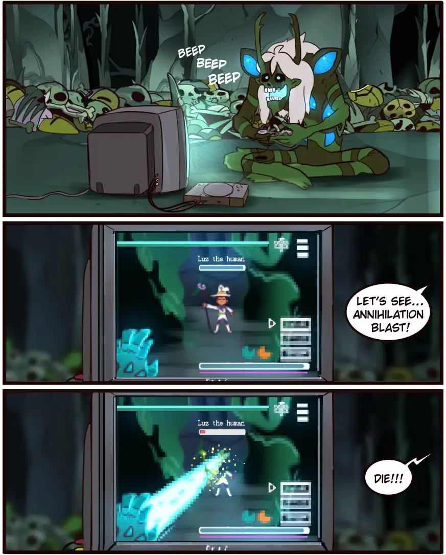 A three-panel comic strip from the animated series 'The Owl House' shows a green-skinned, horned, blue-eyed character with…