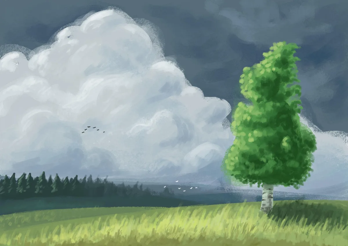 A serene digital painting depicts a lone green tree in a grassy field under a large, dramatic cloud. In the distance, a line…