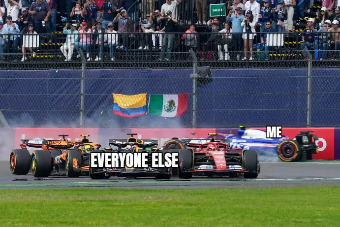 Three Formula 1 race cars are shown on a track with smoke, labeled 'EVERYONE ELSE' in large white text across the front two…