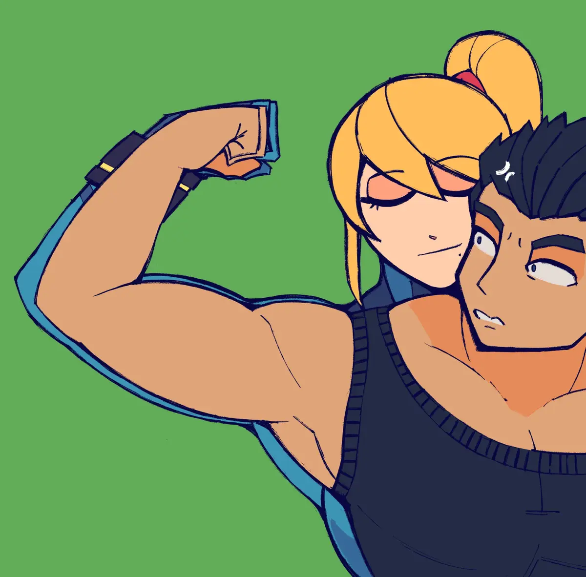 An anime-style illustration shows a muscular blonde woman flexing her bicep confidently while a man with dark hair looks on…