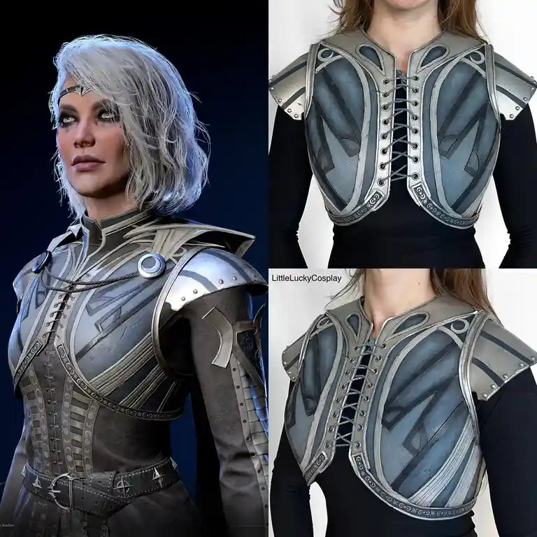 The image displays a side-by-side comparison: on the left, a video game character with silver hair and detailed armor; on…