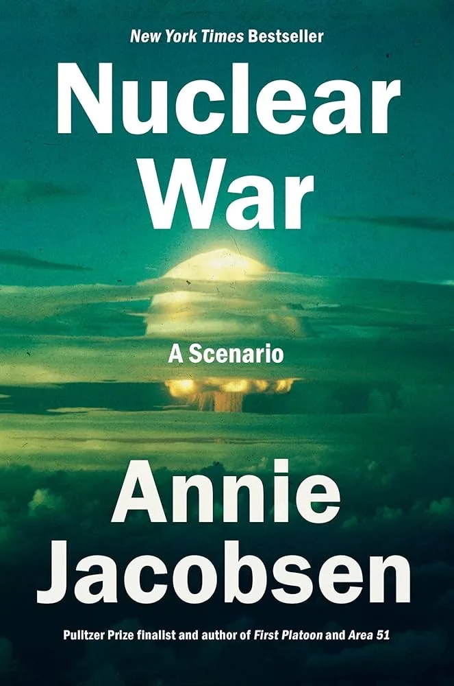 The image shows a book cover with a green-tinted photo of a nuclear mushroom cloud. The title 'Nuclear War' is in large…