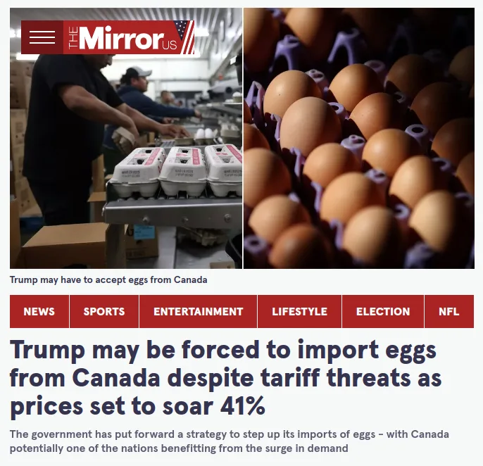 The image is a screenshot of a news article from 'The Mirror US' featuring a split view: on the left, workers packing eggs…