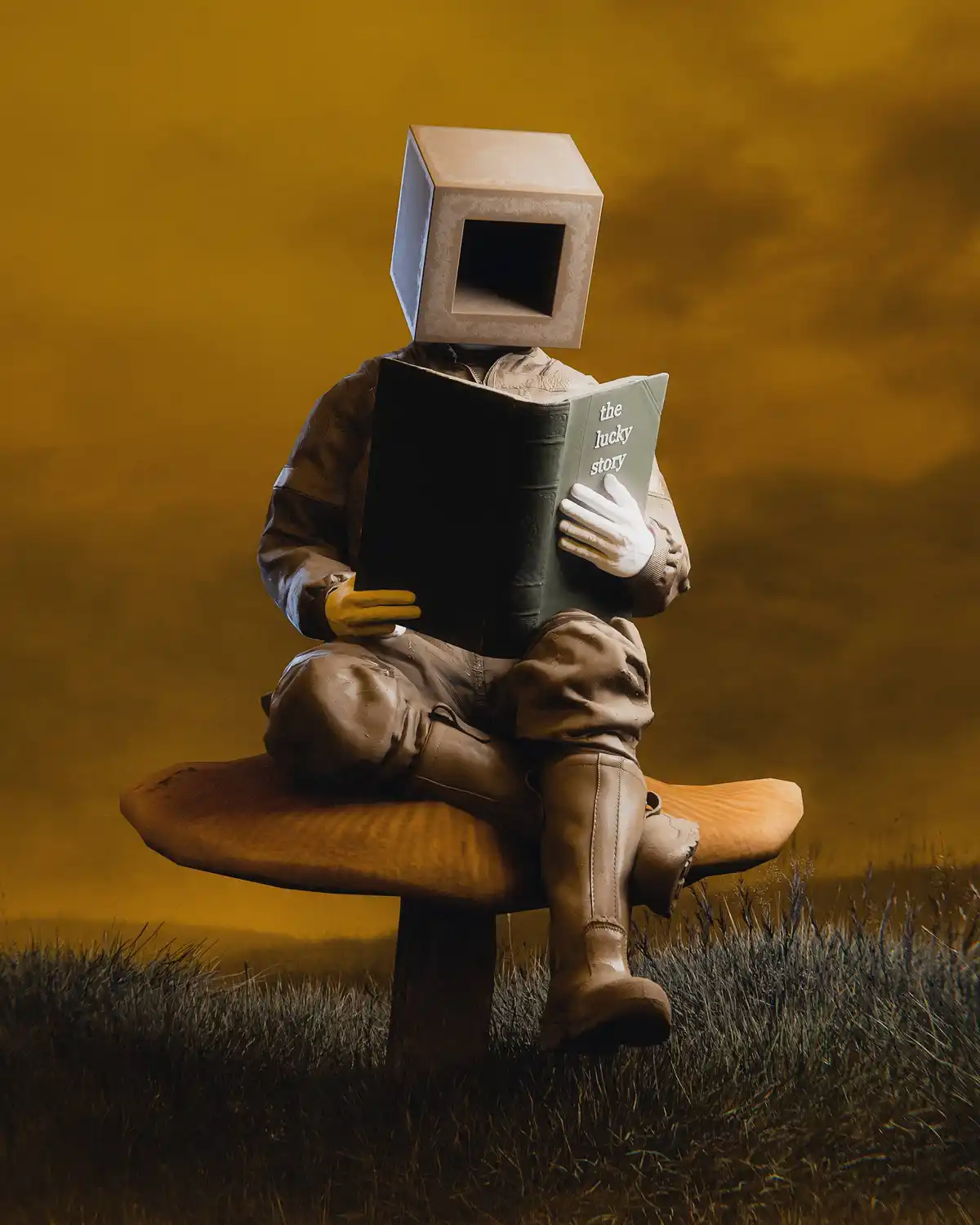 A figure with a cube-shaped head and a dark square void for a face sits cross-legged on a large mushroom in a field under a…