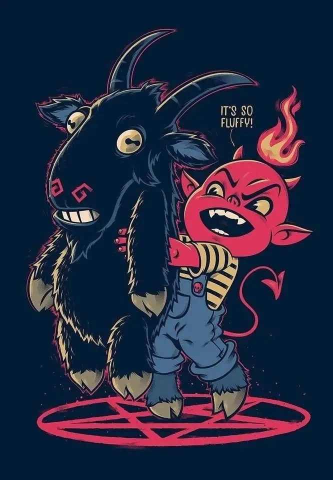 A cartoonish red devil with horns, a tail, and striped shirt hugs a large, dark, furry goat standing on a red pentagram. The…