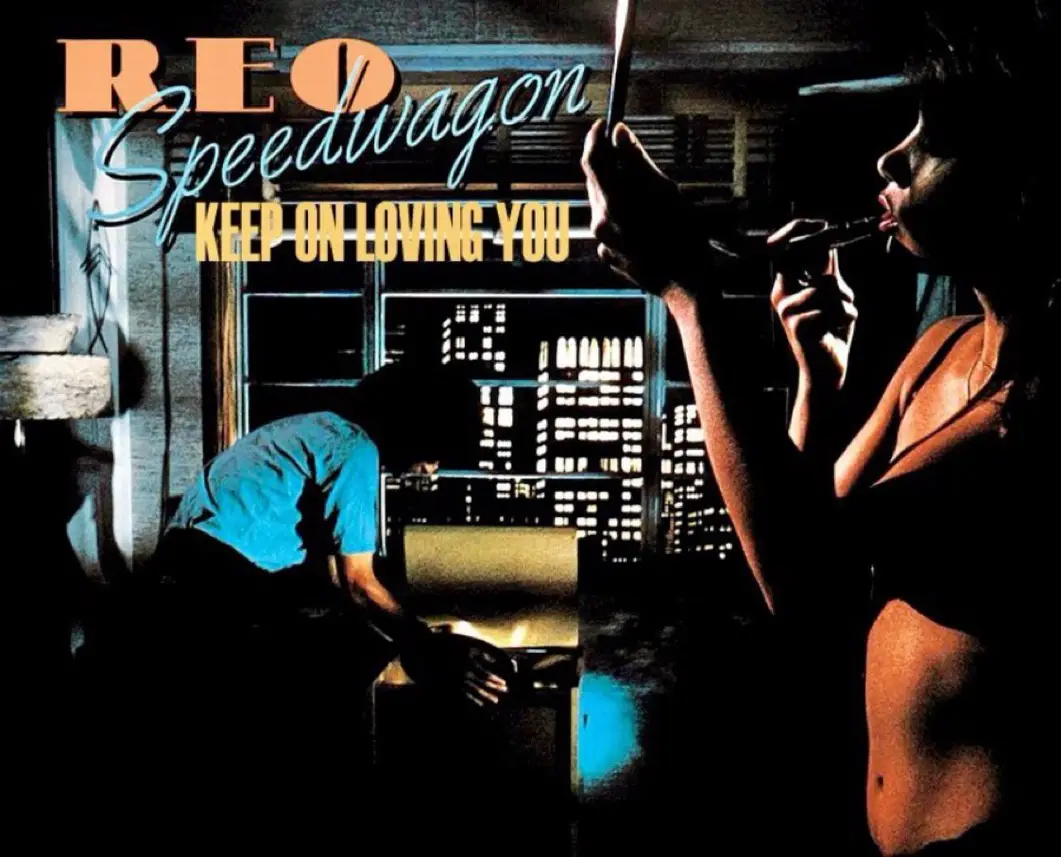 The image is the album cover for REO Speedwagon's 1984 album 'Keep On Loving You'. It features a woman in profile smoking a…