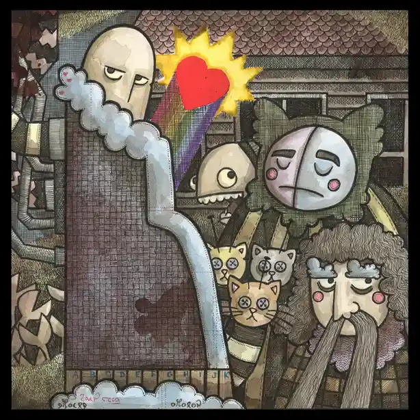 A surreal, hand-drawn illustration depicts a bald, stern-looking man exhaling smoke while holding a rainbow that ends in a…