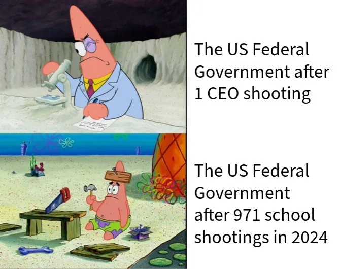 The image is a two-panel meme featuring Patrick Star from SpongeBob SquarePants. In the top panel, Patrick wears glasses and…