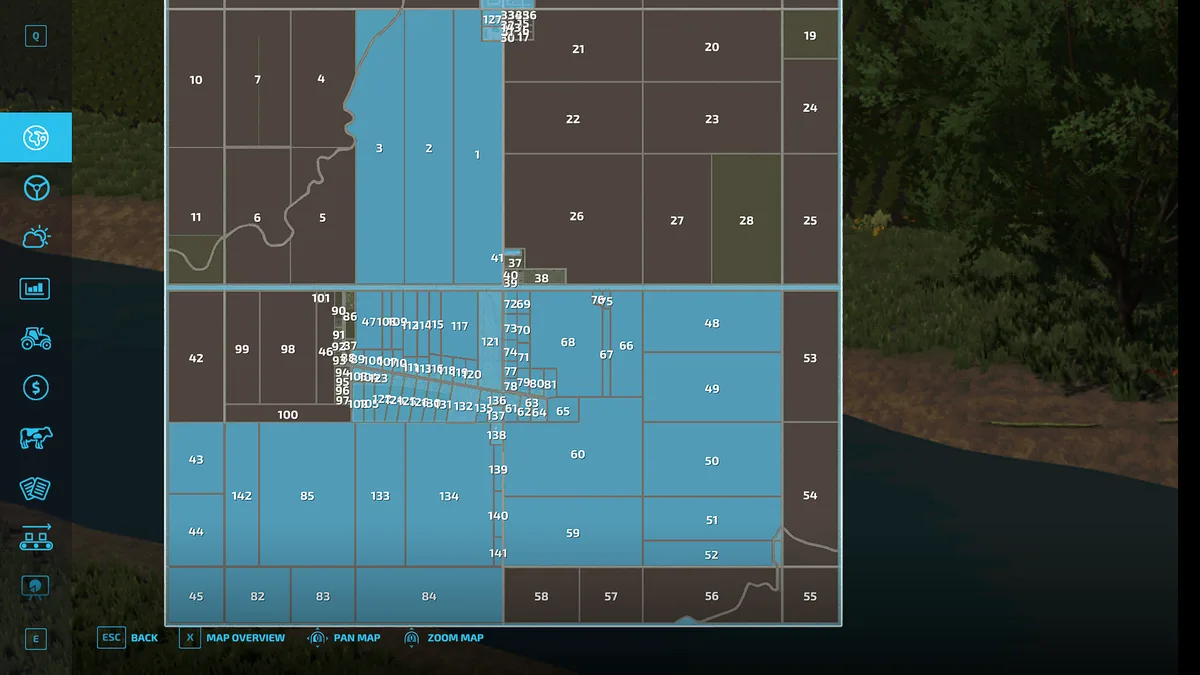 A screenshot from a farming simulation game shows a detailed map interface with numbered plots and coordinates overlaid on a…