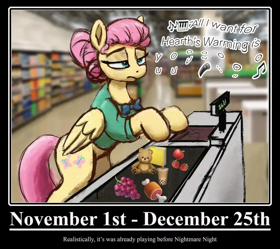 A cartoon pony with pink hair and a green shirt stands at a checkout counter in a store, looking annoyed as musical notes…