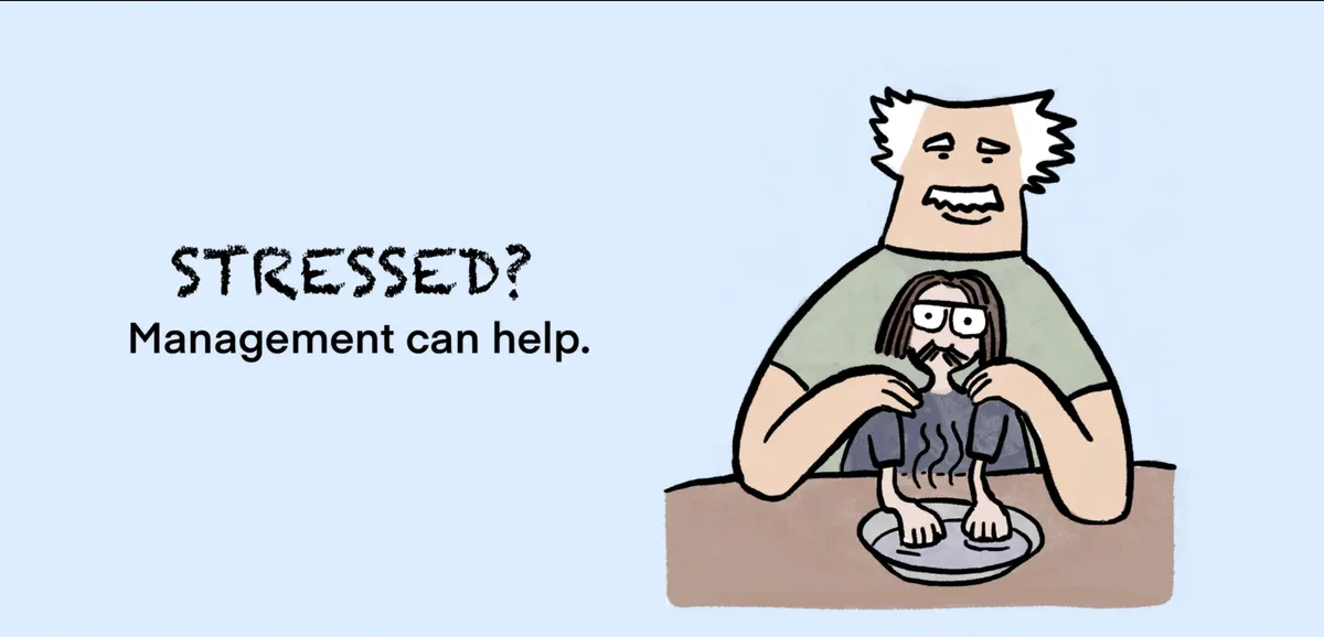 A cartoon depicts a large, grinning man with white hair holding a smaller, stressed-looking person with glasses and a…