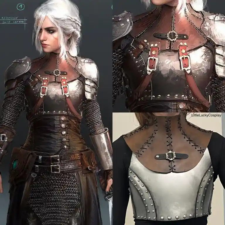 This image displays a side-by-side comparison: on the left, a concept art design for a fantasy character's armor featuring…