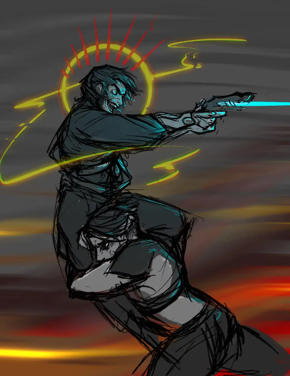 An anime-style drawing shows a man in a dark outfit firing a glowing blue pistol with intense expression, surrounded by neon…