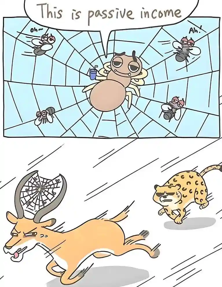 A cartoon spider lounges in its web holding a drink, watching flies get caught and exclaiming 'Oh~' and 'Ah!'. Below, a…