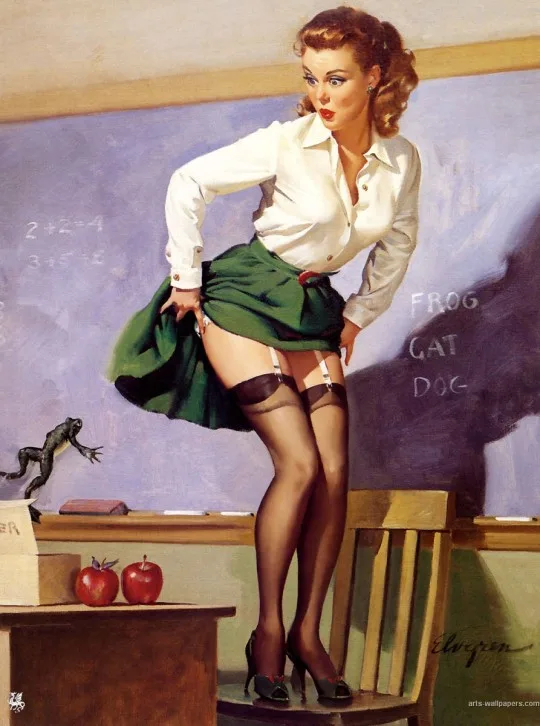 A vintage pin-up painting shows a woman in a white blouse and green skirt lifting her skirt to reveal gartered stockings…