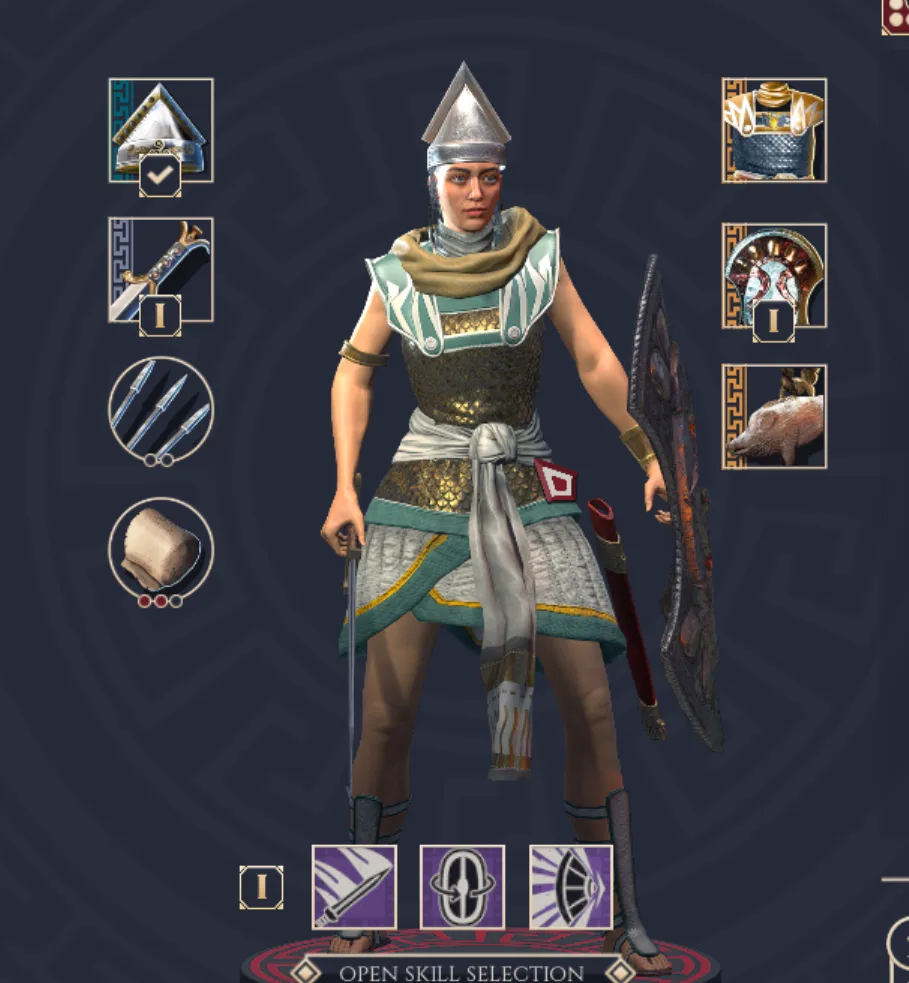 A video game character, a female warrior in ancient armor with a sword and shield, stands in a character customization menu…