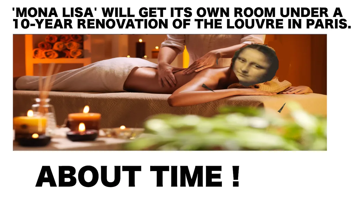 A woman lying face-up on a massage table in a spa, receiving a back massage, with the Mona Lisa's face digitally…