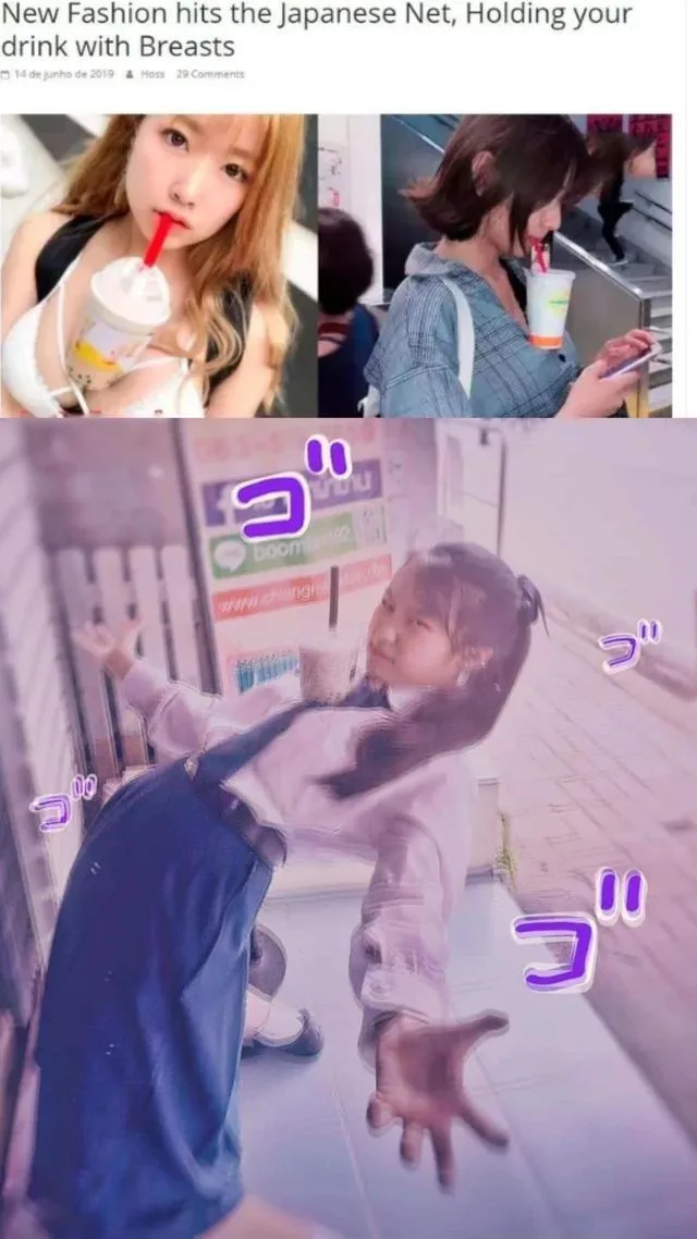 The image displays three photos of young women holding drinks with their breasts. The top left shows a woman in a white top…