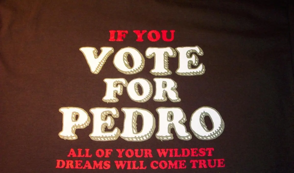 A close-up of a dark brown t-shirt with bold, stylized text. The top line 'IF YOU' is in red, followed by 'VOTE FOR PEDRO'…