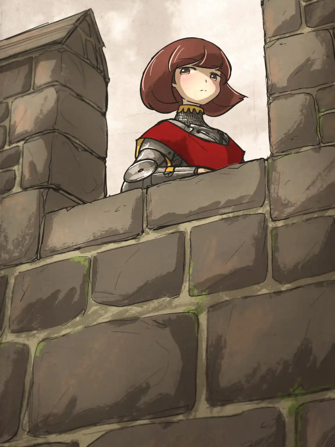 A chibi-style girl with brown bobbed hair, wearing a red cape and silver armor, peers over a weathered stone castle wall…
