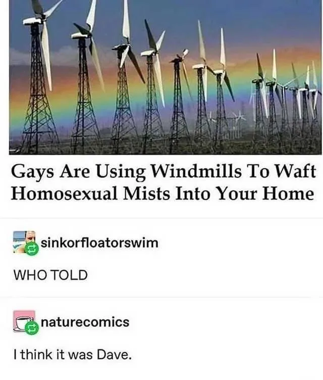 The image shows a row of wind turbines silhouetted against a sky with a rainbow. Overlaid text reads 'Gays Are Using…