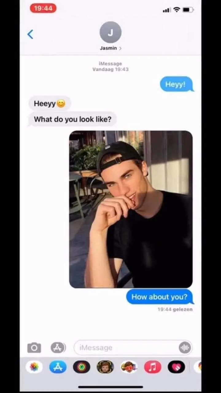 A screenshot of an iMessage conversation with a contact named Jasmin, where the recipient asks 'What do you look like?' and…