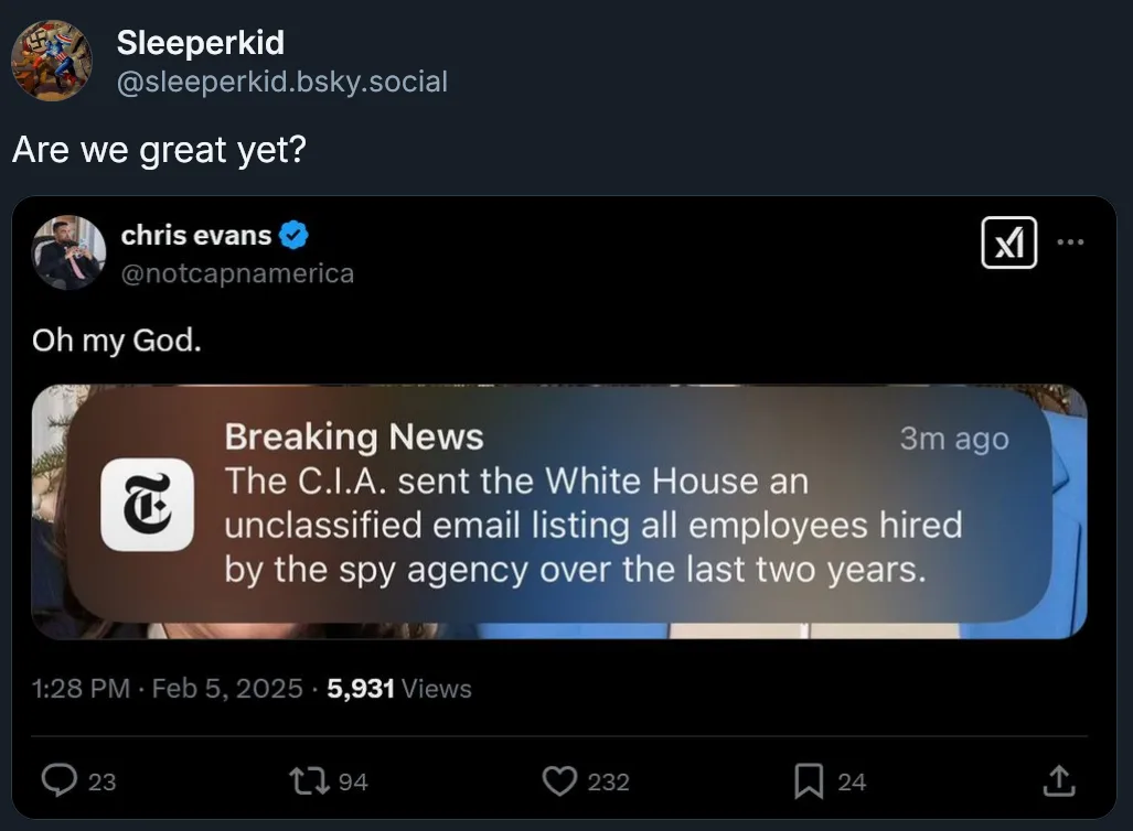 A screenshot of a social media post by 'Sleeperkid' asking 'Are we great yet?' which is a reply to a tweet from 'chris…