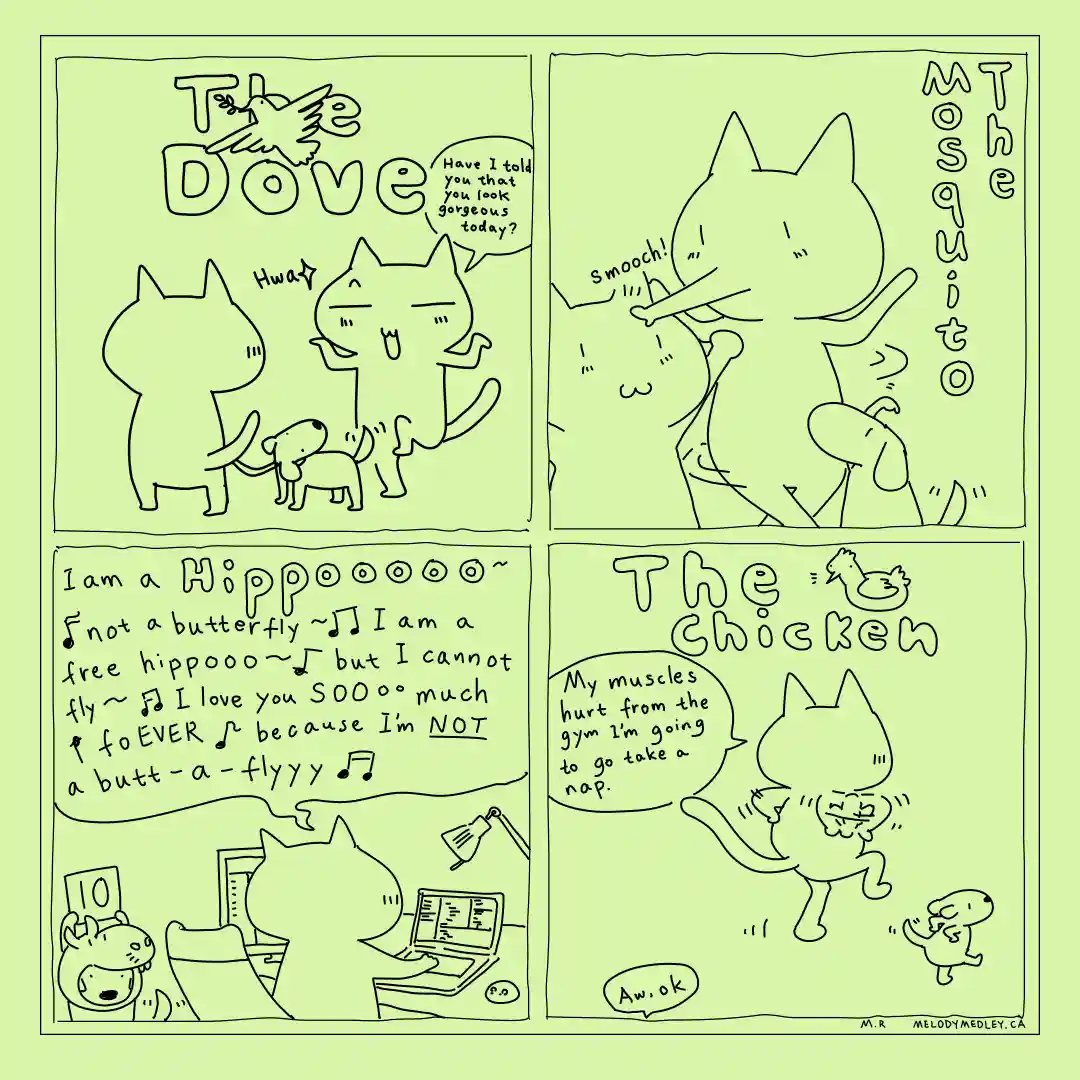 A four-panel comic strip with simple line art and light green background, featuring cartoon cats and a dog. The first panel…