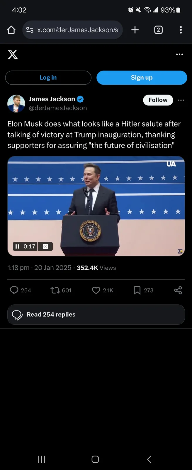 A screenshot of an X (Twitter) post by James Jackson showing a video clip of Elon Musk at a podium with the presidential…