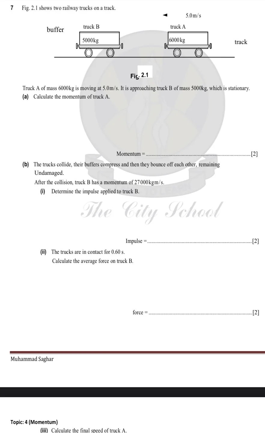 A physics worksheet page showing a diagram of two railway trucks, labeled A (6000kg) and B (5000kg), on a track. Truck A is…