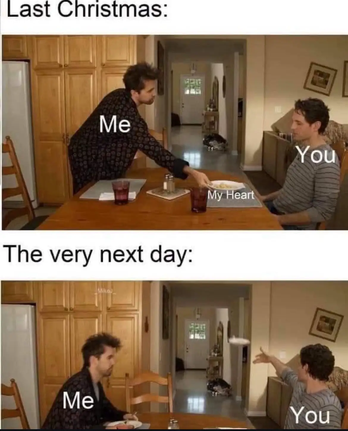 The meme shows two men at a kitchen table. In the top panel, one man labeled 'Me' offers a plate labeled 'My Heart' to…