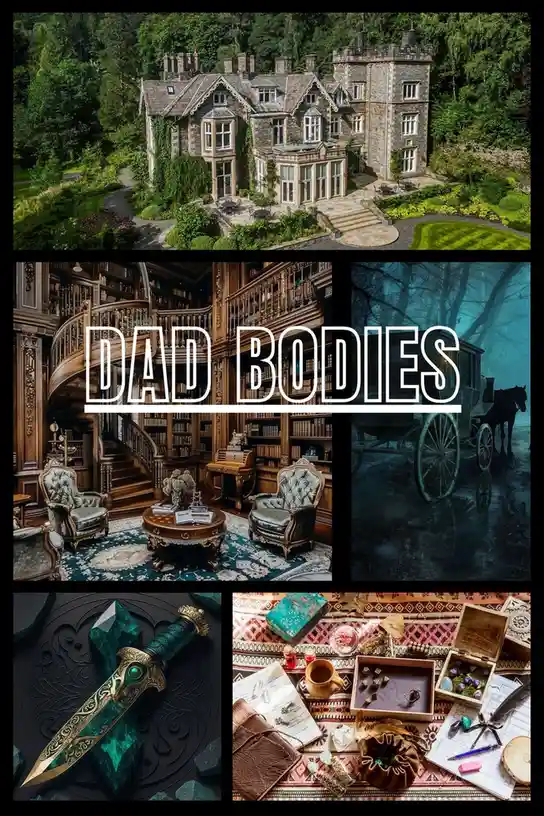 A collage of five fantasy-themed images: a grand stone mansion, a lavish wooden library with a spiral staircase, a spooky…