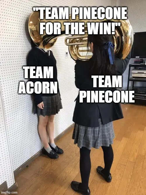 Two schoolgirls in uniforms stand in a room; one leans against a wall labeled "TEAM ACORN" while the other holds a large…