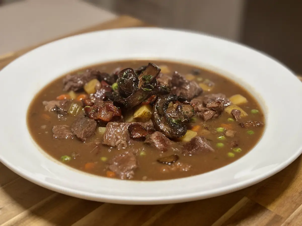 A close-up photo shows a white bowl filled with a brown stew containing chunks of meat, potatoes, carrots, peas, and…