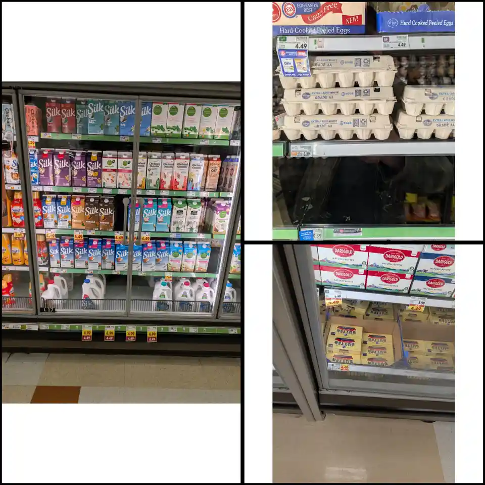 A collage of three photos from a grocery store: one shows a well-stocked refrigerated aisle with Silk and Chobani…