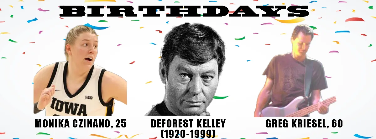 A celebratory birthday meme featuring three people side-by-side against a confetti background. On the left is Monika…